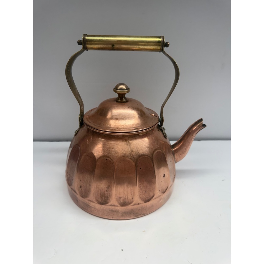 Vintage Copper Tea Kettle Brass Handle Fluted Thumbprint Design Rustic Decor